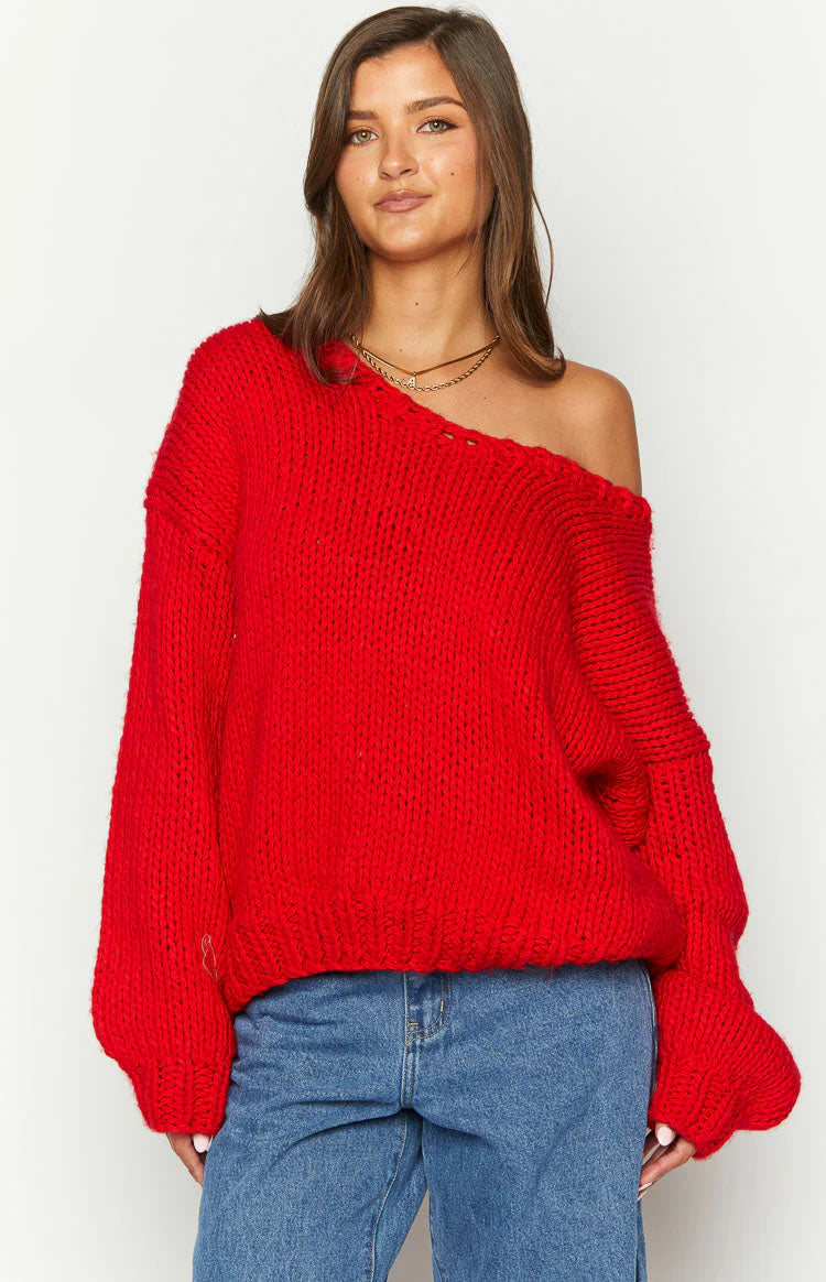 ASOS DESIGN knit wide sleeves v-neck sweater in red | ASOS